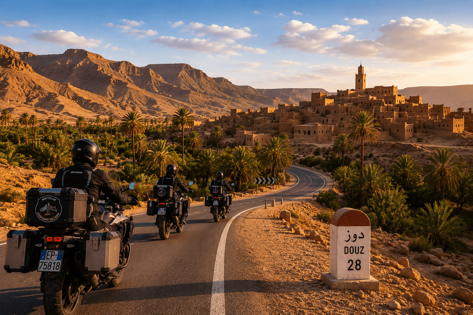 Motociclisti attraversano oasi, palmeti e villaggi berberi nel sud della Tunisia durante il terzo giorno del Tour Tunisia in Moto organizzato dal Motoclub Centauri del Sud.