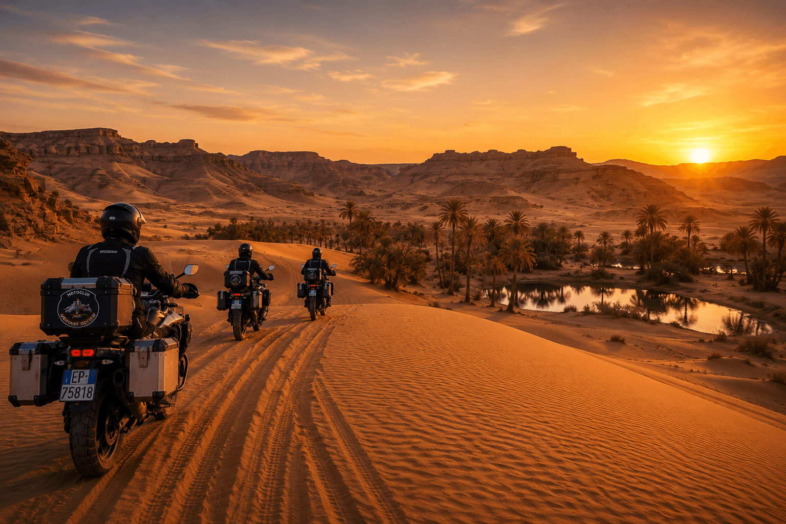 Motociclisti attraversano le dune del Sahara tunisino al tramonto durante il tour organizzato in Tunisia dal Motoclub Centauri del Sud.