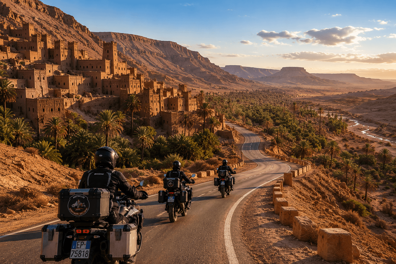Motociclisti percorrono una strada panoramica tra oasi e montagne nel sud della Tunisia durante il quinto giorno del tour in moto organizzato dal Motoclub Centauri del Sud.
