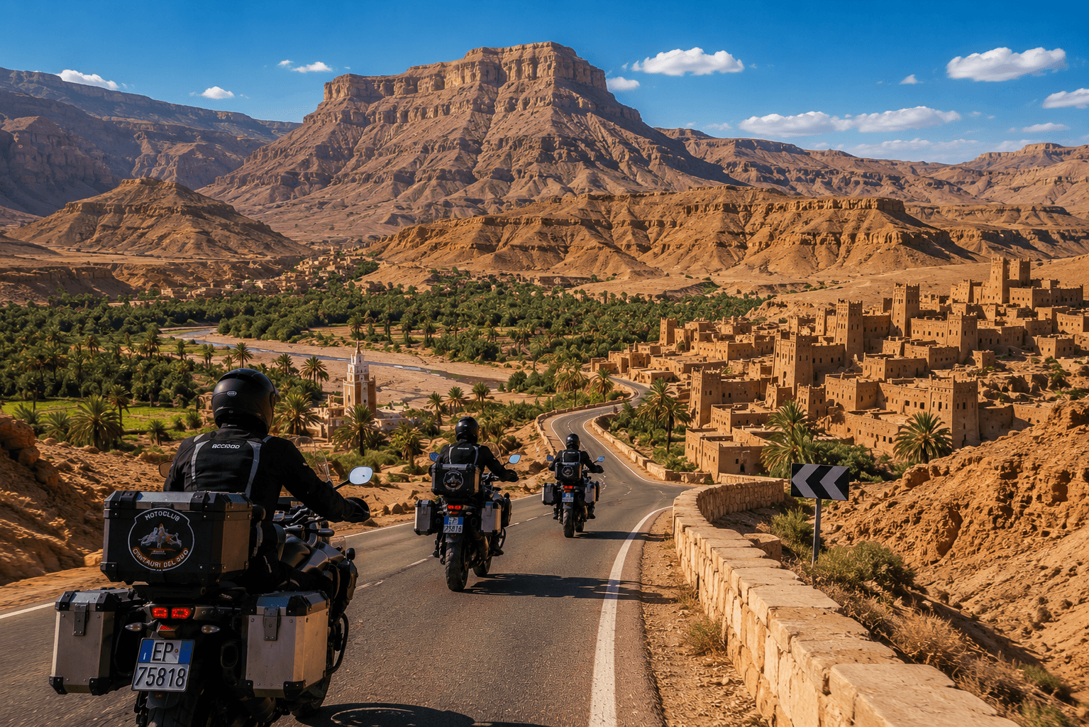 Motociclisti attraversano una strada panoramica tra montagne, oasi e villaggi berberi durante il sesto giorno del Tour Tunisia in Moto organizzato dal Motoclub Centauri del Sud.