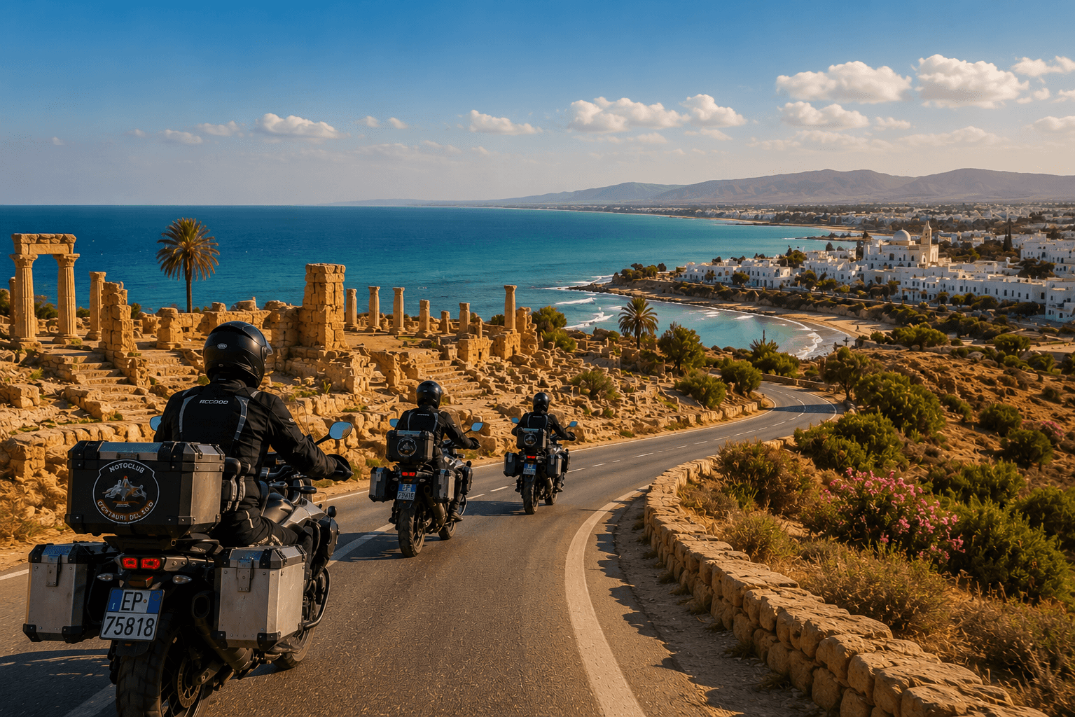Motociclisti percorrono la spettacolare strada costiera della Tunisia tra rovine storiche e mare Mediterraneo durante l'ultimo giorno del Tour Tunisia in Moto organizzato dal Motoclub Centauri del Sud.