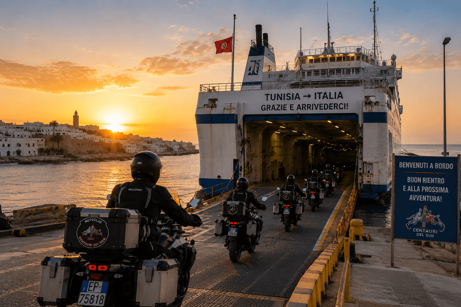 Motociclisti si imbarcano sul traghetto dalla Tunisia verso l'Italia al tramonto durante l'ultimo giorno del Tour Tunisia in Moto organizzato dal Motoclub Centauri del Sud.
