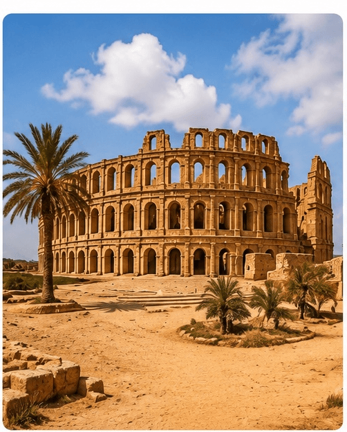 Tour in moto in Tunisia con visita all'Anfiteatro Romano di El Jem durante il viaggio organizzato dal Motoclub Centauri del Sud.